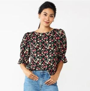 Draper James RSVP Cinched Elbow Sleeve  Black Floral Print Top